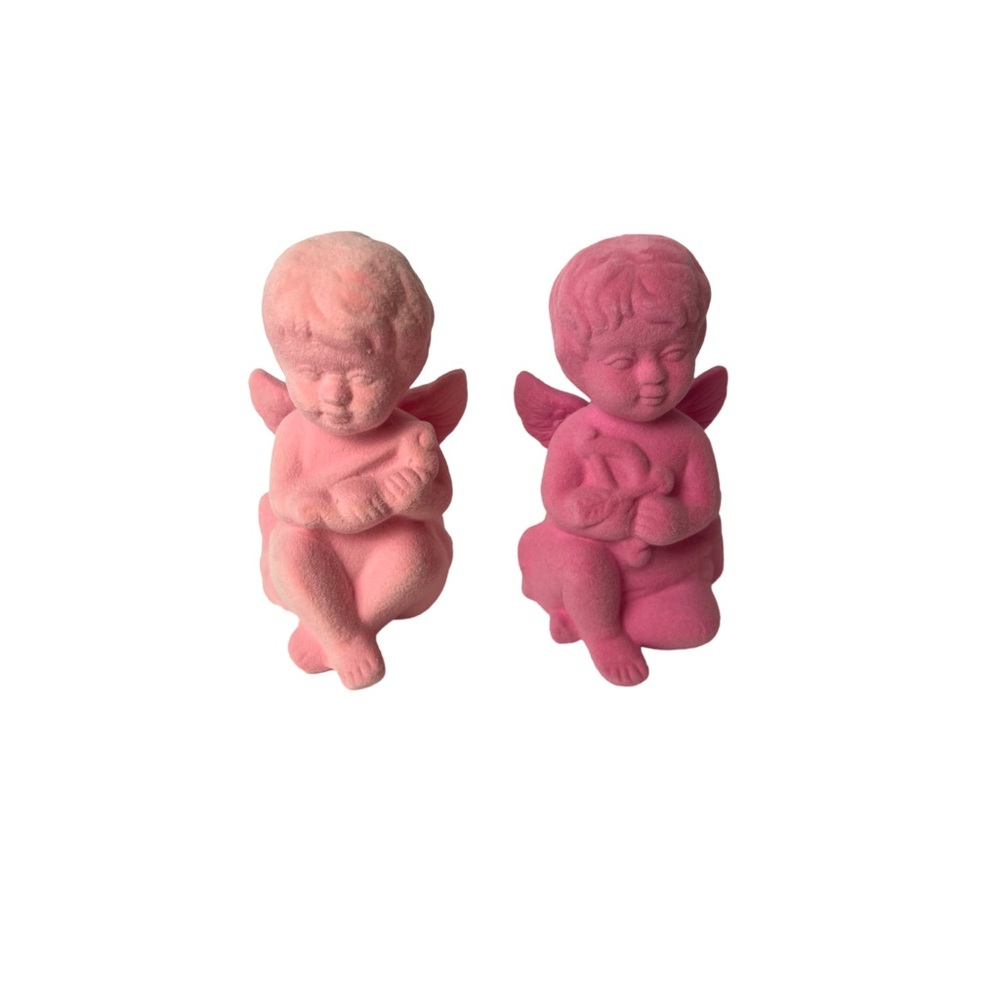 Set of 2 Pink Flocked Cherubs Vintage Valentine Decor 4”